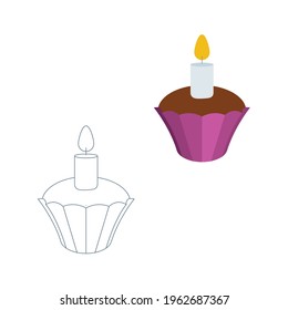 Cupcake with candle. Simple cartoon style and outline cupcakes illustrations. Part of set. 