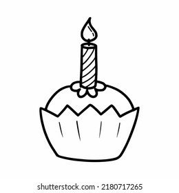 Cupcake with candles. Birthday cake. Vector doodle illustration.