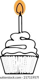 Cupcake with candles and cream. One line vector illustration.