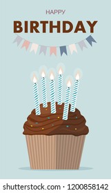 Cupcake with candles on blue background. Happy Birthday vector Illustration