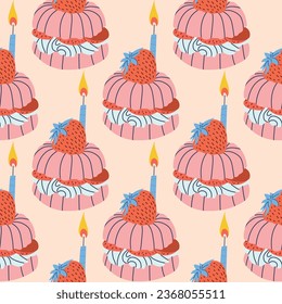 Cupcake con velas patrón de ilustración vectorial sin fisuras. Pasteles, patrón de muffin sin soldadura, patrón para textiles, tela, papel de envoltura, papel tapiz, embalaje. 