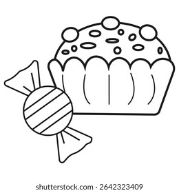 Cupcake candy icon. Sweet dessert vector. Muffin outline shape. Tasty sugar drawing.