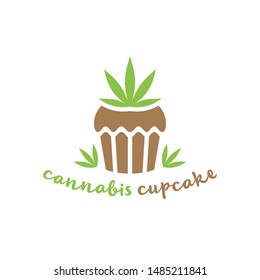 Cupcake with cannabis; Simple vector logo; Minimal design and marijuana leaves; Isolated stencil on white background.
