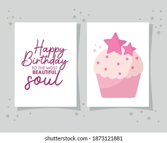 cupcake card with happy birthday to the most beautiful soul lettering vector illustration design