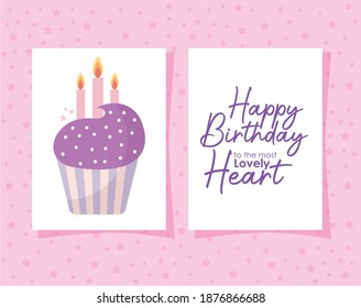 cupcake card with happy birthday to the most lovely heart lettering vector illustration design