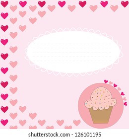 Cupcake card with hearts on pink background