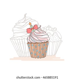 Cupcake card. Invitation of sweat cupcakes. Cupcake background can be used as invitation card for wedding, birthday and other holiday and summer background. Vector illustration.