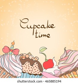 Cupcake card. Invitation of sweat cupcakes. Cupcake background can be used as invitation card for wedding, birthday and other holiday and summer background. Vector illustration.