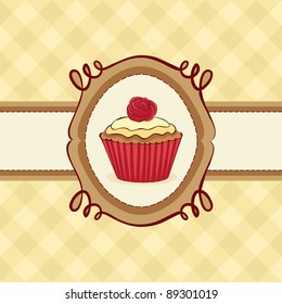 Cupcake card with rose on seamless pattern.