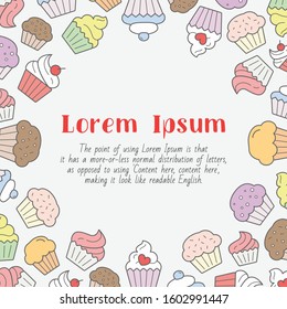 Cupcake card with text and vector color illustrations of sweet, dessert, muffin, cake and snack for graphic design