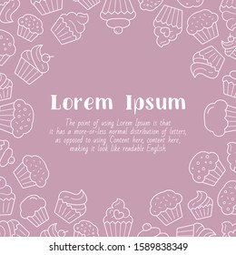 Cupcake card with text and vector outline illustrations of sweet, dessert, muffin, cake and snack for graphic design