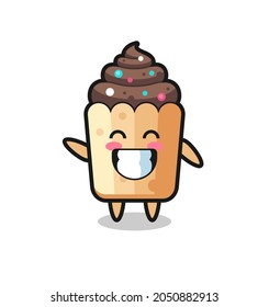cupcake cartoon character doing wave hand gesture , cute design