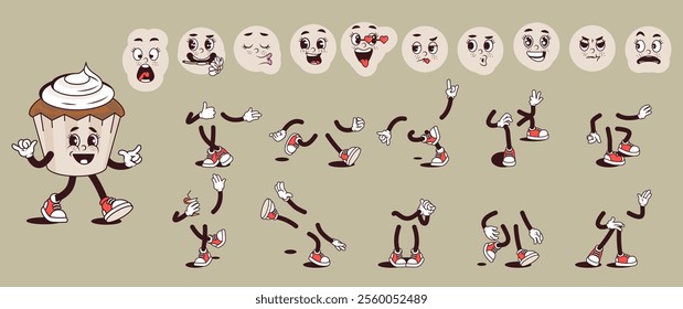 Cupcake cartoon character with groovy comic faces set. Funny cake mascot with bundle of happy, smile, sad, angry, love, like and other facial emotions, legs poses, hands gestures. Vector illustration.