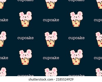 Cupcake cartoon character seamless pattern on blue background. Pixel style