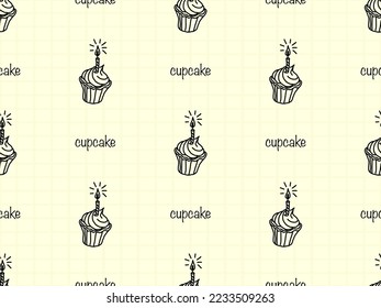 Cupcake cartoon character seamless pattern on yellow background