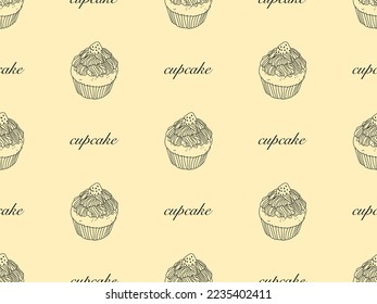 Cupcake cartoon character seamless pattern on orange background