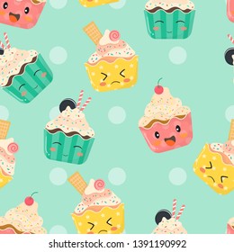 Cupcake cartoon cute seamless patterns background vector design.