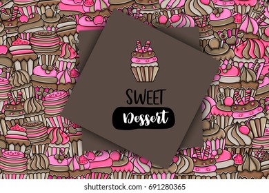 Cupcake cartoon doodle design. Cute background concept for birthday or party greeting card,  advertisement, banner, flyer, brochure. Hand drawn vector illustration.  Pink and brown color.