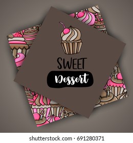 Cupcake cartoon doodle design. Cute background concept for birthday or party greeting card,  advertisement, banner, flyer, brochure. Hand drawn vector illustration.  Pink and brown color.