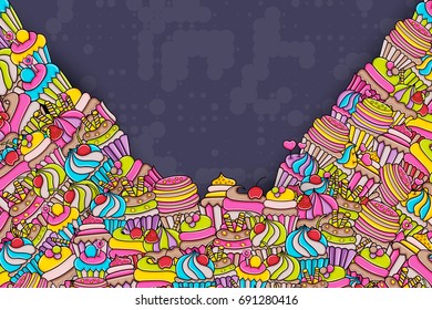 Cupcake cartoon doodle design. Cute background concept for birthday or party greeting card,  advertisement, banner, flyer, brochure. Hand drawn vector illustration. 