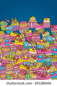Cupcake cartoon doodle design. Cute background concept for birthday or party greeting card,  advertisement, banner, flyer, brochure. Hand drawn vector illustration. 