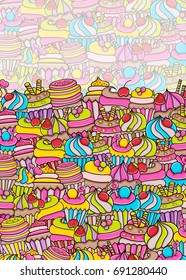 Cupcake cartoon doodle design. Cute background concept for birthday or party greeting card,  advertisement, banner, flyer, brochure. Hand drawn vector illustration. 