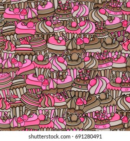 Cupcake cartoon doodle design. Cute background concept for birthday or party greeting card,  advertisement, banner, flyer, brochure. Hand drawn vector illustration.  Pink and brown color.