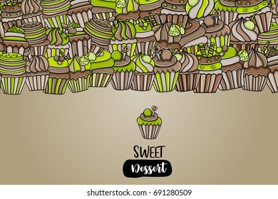 Cupcake cartoon doodle design. Cute background concept for birthday or party greeting card,  advertisement, banner, flyer, brochure. Hand drawn vector illustration.  Green and brown color.