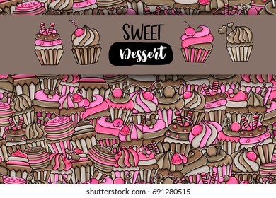 Cupcake cartoon doodle design. Cute background concept for birthday or party greeting card,  advertisement, banner, flyer, brochure. Hand drawn vector illustration.  Pink and brown color.