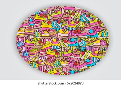 Cupcake cartoon doodle design. Cute background concept for birthday or party greeting card,  advertisement, banner, flyer, brochure. Hand drawn vector illustration. 