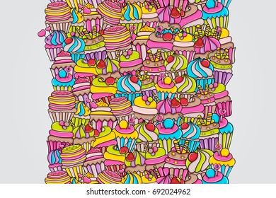 Cupcake cartoon doodle design. Cute background concept for birthday or party greeting card,  advertisement, banner, flyer, brochure. Hand drawn vector illustration. 