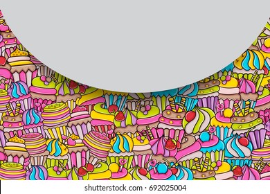 Cupcake cartoon doodle design. Cute background concept for birthday or party greeting card,  advertisement, banner, flyer, brochure. Hand drawn vector illustration. 