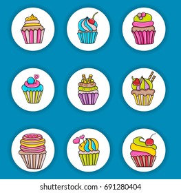 Cupcake cartoon doodle icon set. Cute elements for birthday or party decoration, greeting card,  advertisement, banner, flyer, brochure. Hand drawn vector illustration. 