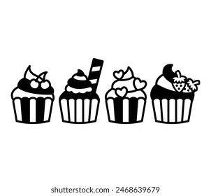 cupcake iconos de dibujos animados símbolo de diseño de Vector blanco negro ilustración colecciones conjunto aislado