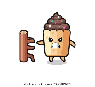 cupcake cartoon illustration as a karate fighter , cute design