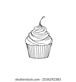 Cupcake Cartoon Sketch Vector Drawing. Sweet Bakery Illustration in Simple Cartoon Linear Style. Cupcake Doodle Black Sketch Isolated on White Background.