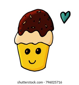 Cupcake in cartoon style. Cute characters for print, stickers and nursery decor. Vector illustration. Isolated on white