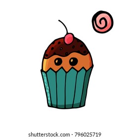 Cupcake in cartoon style. Cute characters for print, stickers and nursery decor. Vector illustration. Isolated on white
