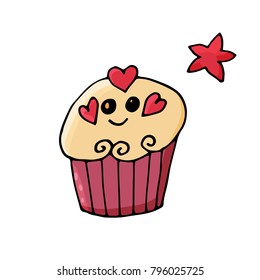 Cupcake in cartoon style. Cute characters for print, stickers and nursery decor. Vector illustration. Isolated on white