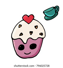 Cupcake in cartoon style. Cute characters for print, stickers and nursery decor. Vector illustration. Isolated on white