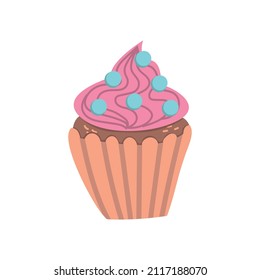 Cupcake in cartoon style. Cute dessert with pink cream and sprinkles.  Hand-drawn vector illustration on a white isolated background.