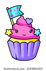 Cupcake in cartoon style. Illustration of cute funny character.