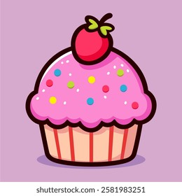 Cupcake Cartoon Vector Icon Illustration, Food Pastry Icon Concept Isolated.