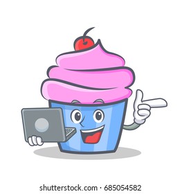 cupcake character cartoon style bring laptop