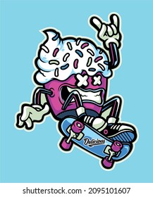 Cupcake character illustration ride a skateboard.
Vector illustration.