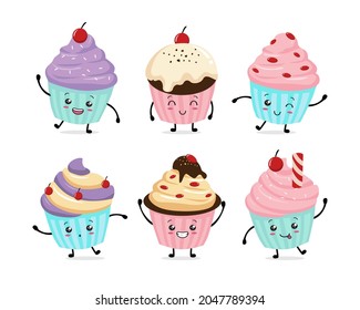 Cupcake Character Kawaii Cute Cake Illustrations Set Collections