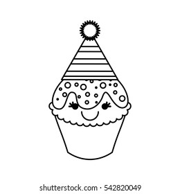 cupcake character kawaii with party hat vector illustration design
