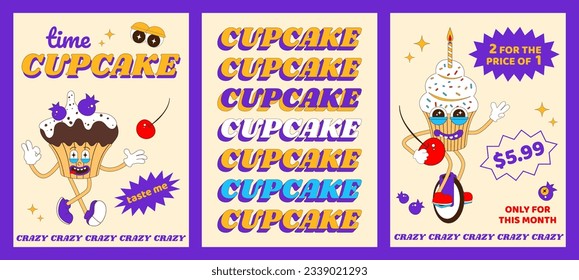 Cupcake character poster set. Funny cupcake mascot for bakery, cafe, restaurant. Vector illustration in psychedelic retro style.