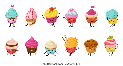 Cupcake characters. Cute cartoon cupcakes different emotions. Positive muffins with faces and creamy hats. Isolated bakery neoteric vector characters