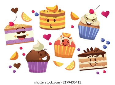 Cupcake characters. Kawaii cartoon muffins, sweet cake mascots with cute emoticon faces, tasty bakery food funny stickers. Vector pastry set. Delicious desserts with smiling, winking faces